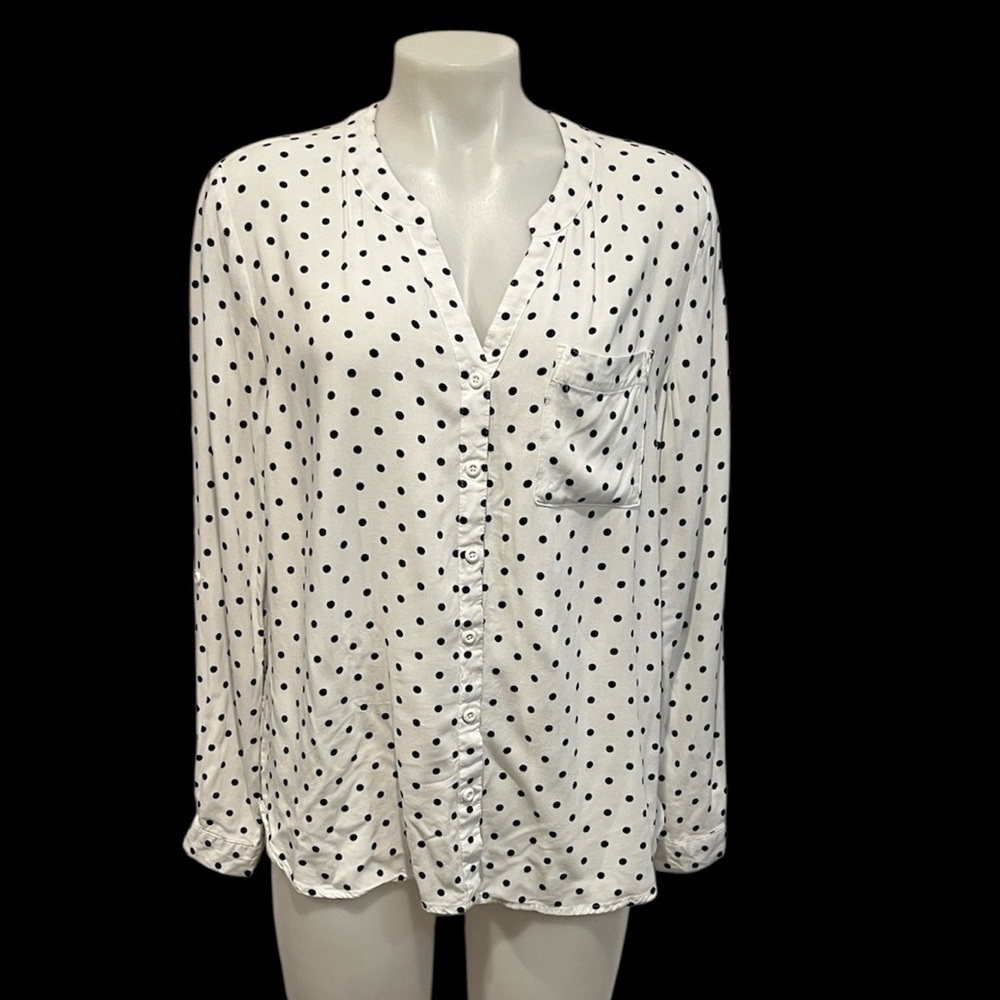 Per Se women’s v neck white black polka dot button down long sleeve blouse L